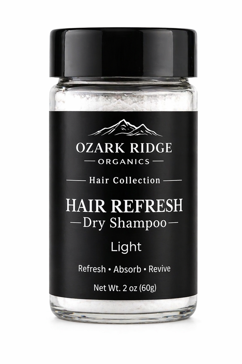 Ozark Ridge Organics Hair Refresh Dry Shampoo Light in a clear jar
