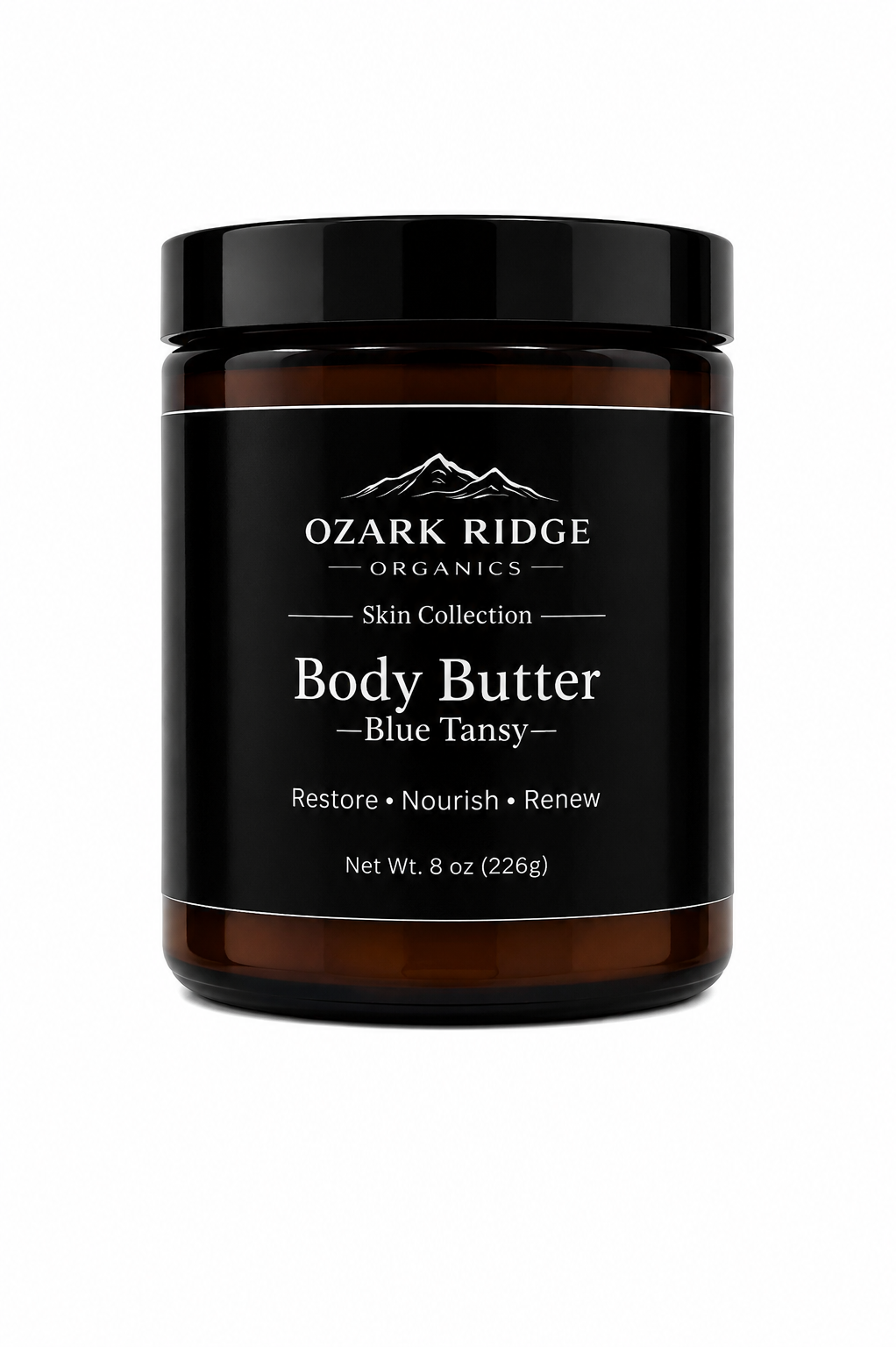 Ozark Ridge Organics Blue Tansy Tallow Body Butter in an amber glass jar