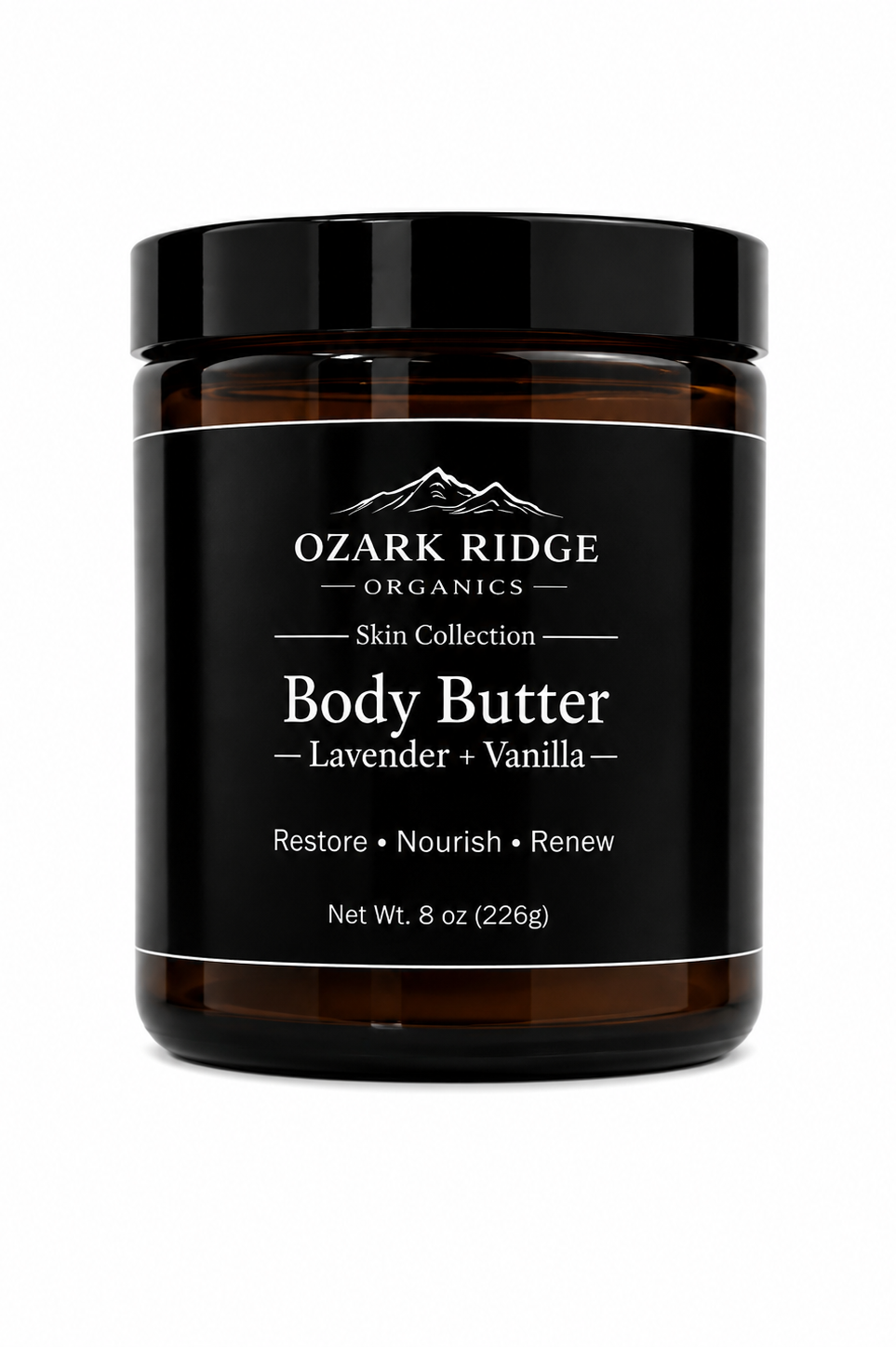 Ozark Ridge Organics Lavender + Vanilla Tallow Body Butter in an amber glass jar