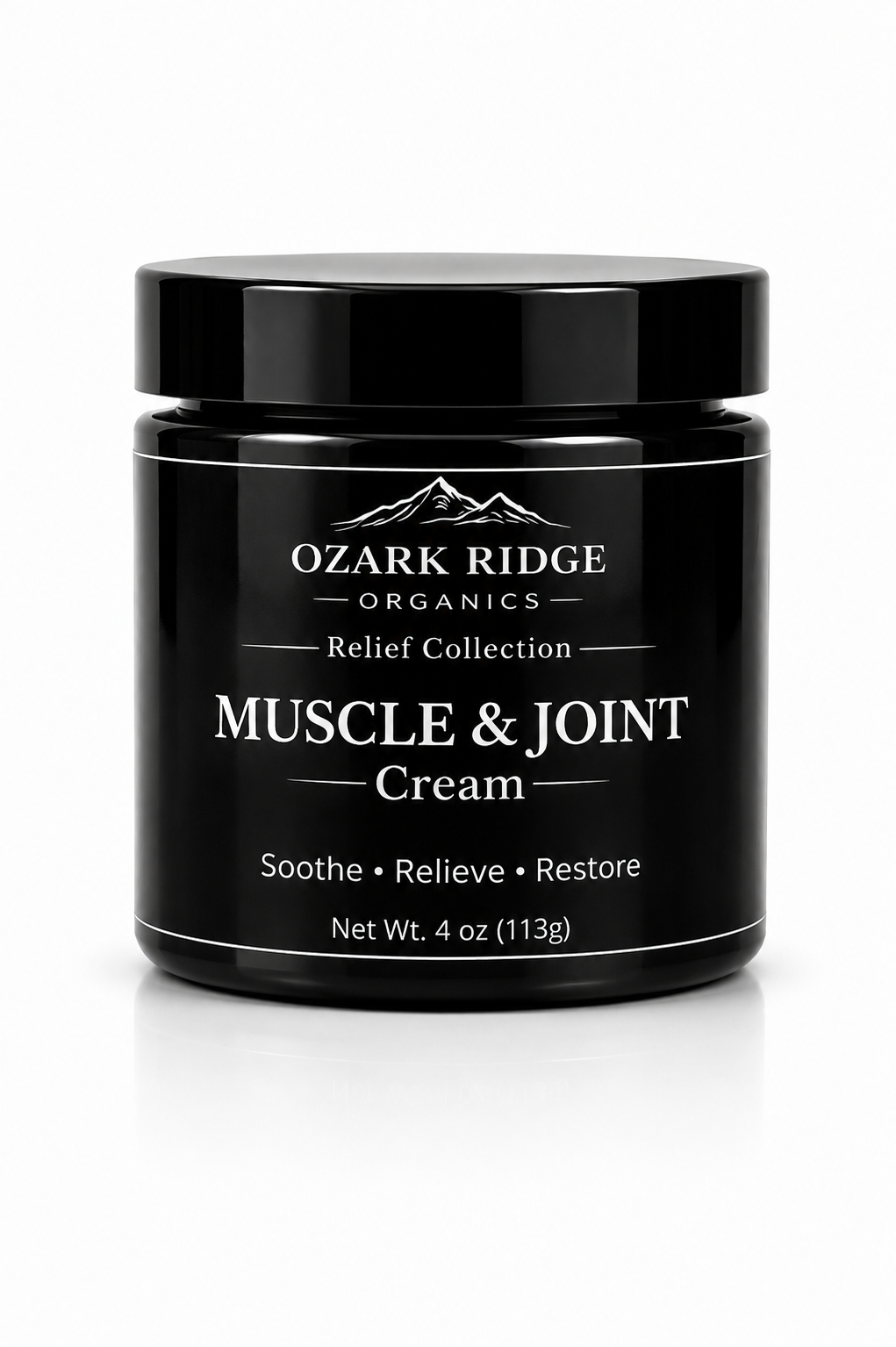 Ozark Ridge Organics Muscle & Joint Cream in a black jar