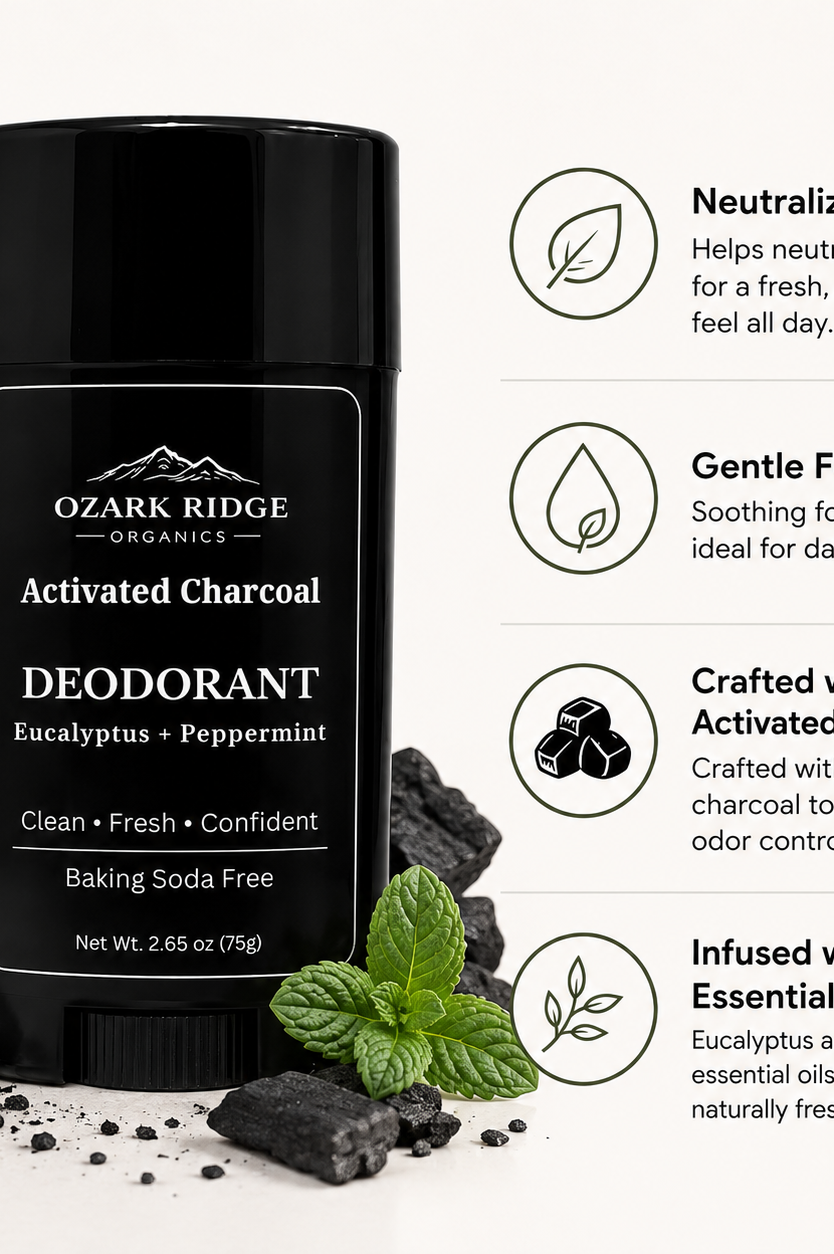 Ozark Ridge Organics Activated Charcoal Deodorant with activated charcoal and Eucalyptus + Peppermint essential oils for natural odor protection