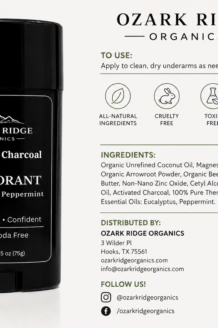 Ozark Ridge Organics Activated Charcoal Deodorant, baking soda free, with magnesium hydroxide, activated charcoal, coconut oil, and Eucalyptus + Peppermint essential oils