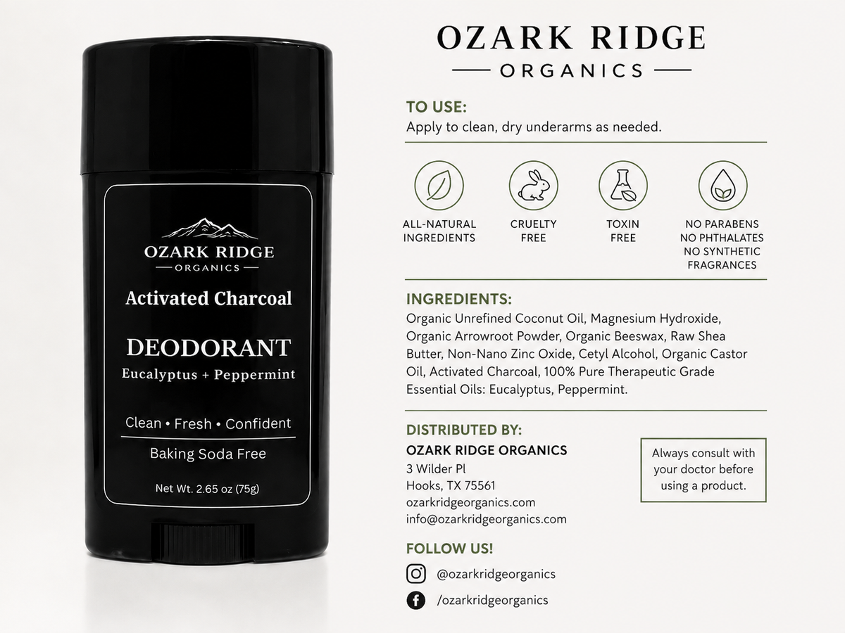 Ozark Ridge Organics Activated Charcoal Deodorant, baking soda free, with magnesium hydroxide, activated charcoal, coconut oil, and Eucalyptus + Peppermint essential oils