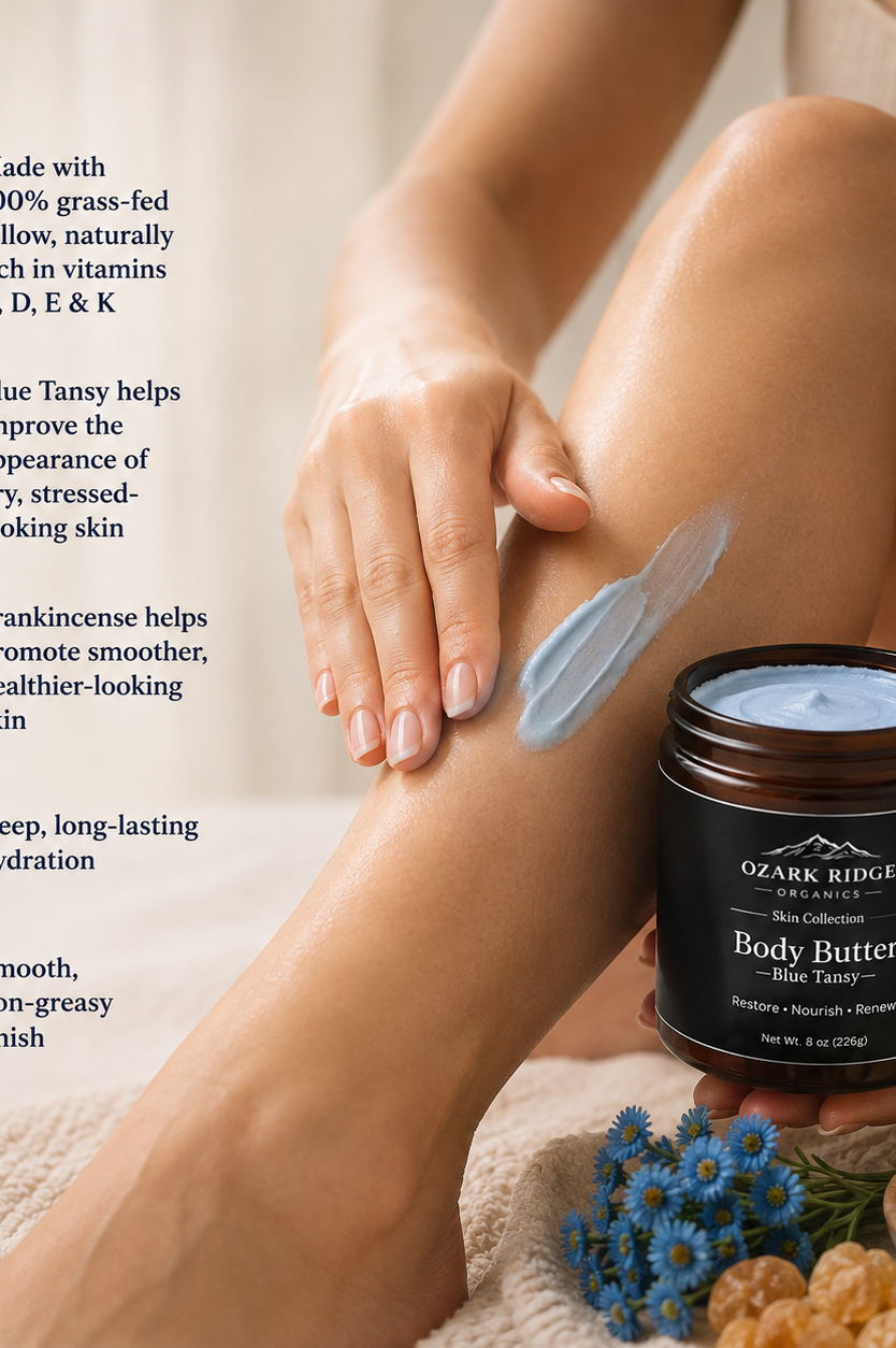 Ozark Ridge Organics Blue Tansy Tallow Body Butter applied to skin, made with grass-fed tallow, Blue Tansy, and Frankincense