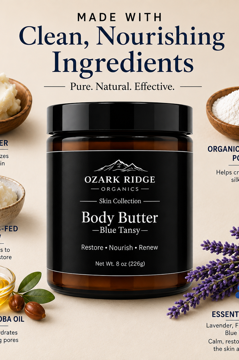 Ozark Ridge Organics Blue Tansy Tallow Body Butter with grass-fed tallow, shea butter, jojoba oil, arrowroot powder, and essential oils