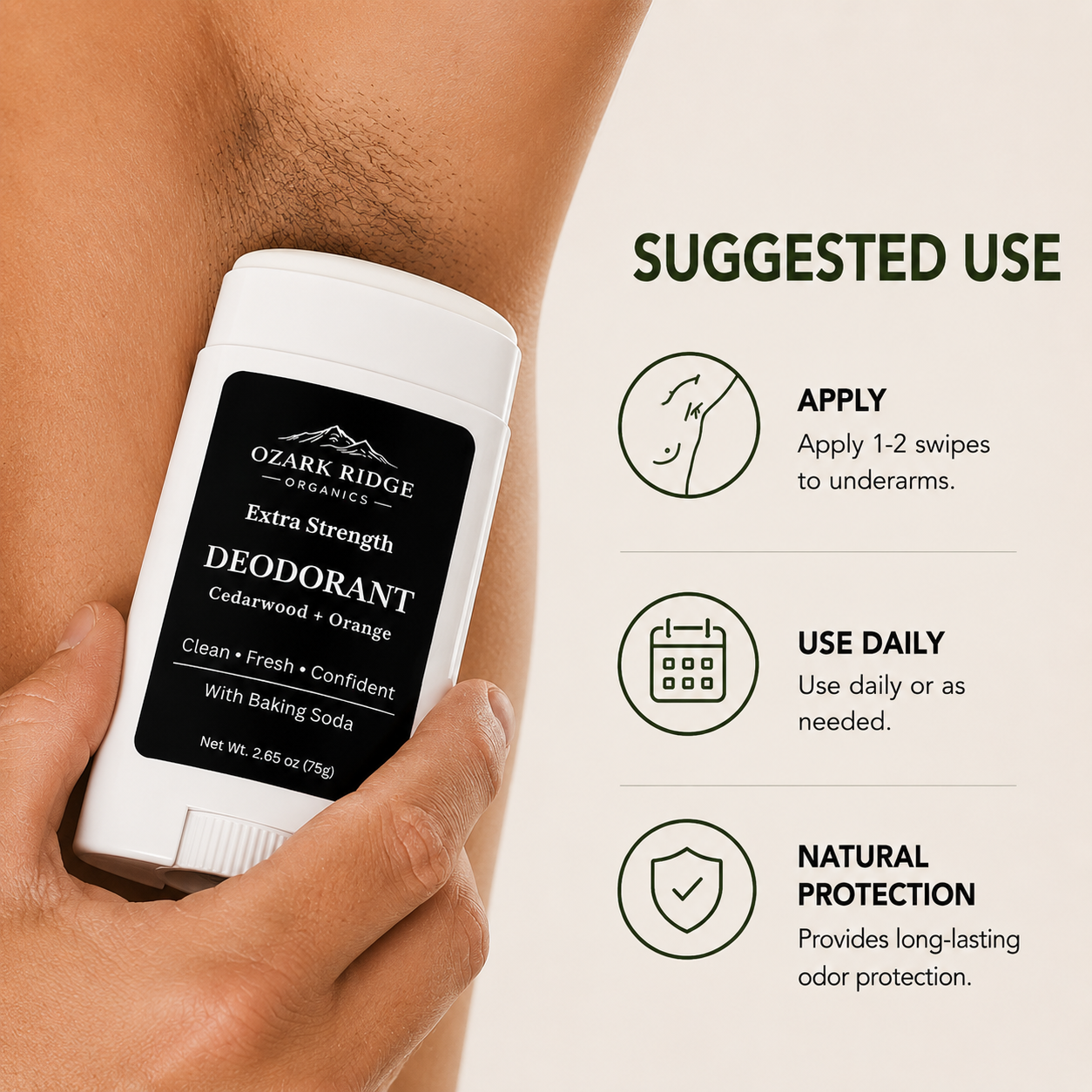 Ozark Ridge Organics Extra Strength Natural Deodorant applied to underarms for long-lasting odor protection