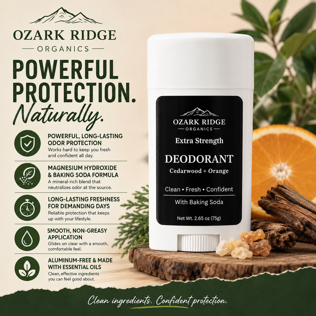 Ozark Ridge Organics Extra Strength Natural Deodorant with baking soda and magnesium hydroxide for long-lasting odor protection