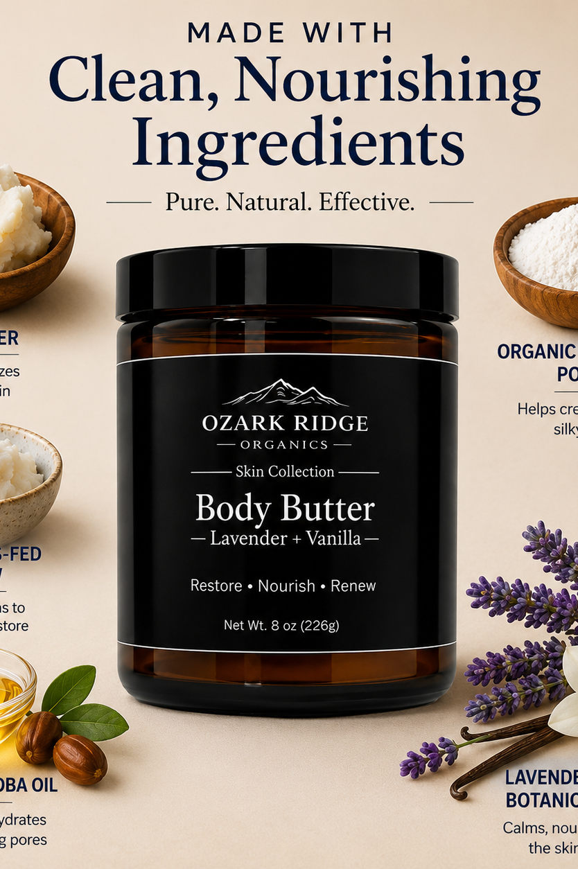 Ozark Ridge Organics Lavender + Vanilla Tallow Body Butter with grass-fed tallow, shea butter, jojoba oil, and arrowroot powder
