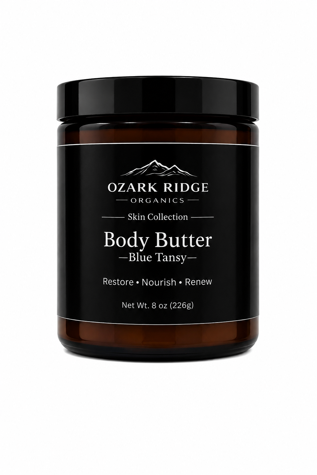 Ozark Ridge Organics Blue Tansy Tallow Body Butter in an amber glass jar