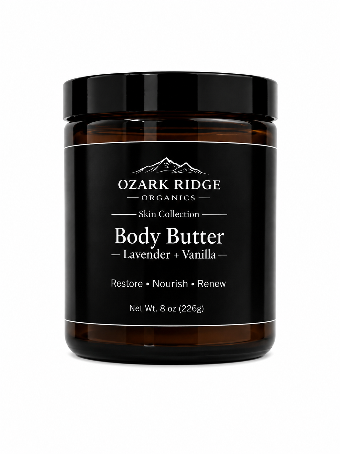 Ozark Ridge Organics Lavender + Vanilla Tallow Body Butter in an amber glass jar