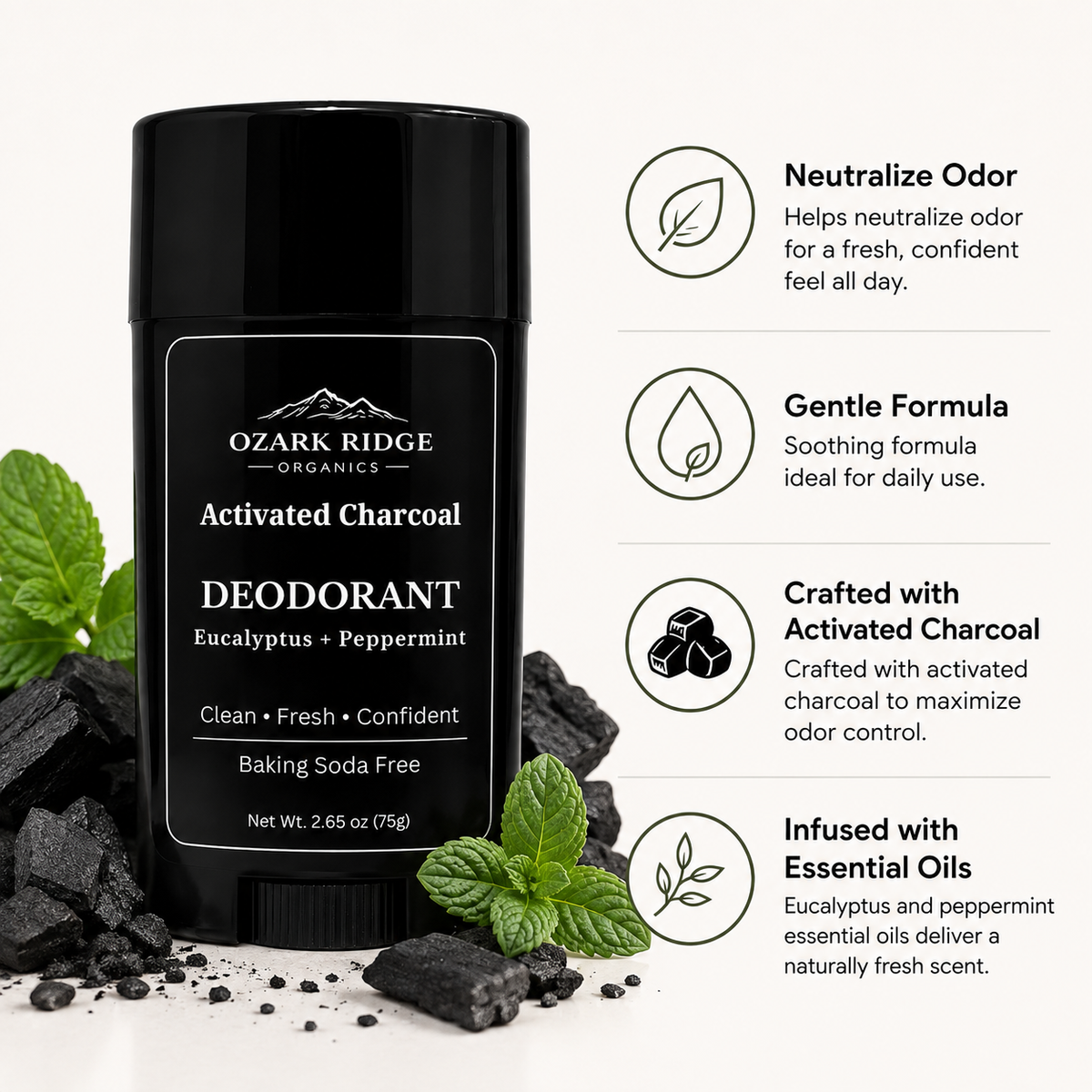 Ozark Ridge Organics Activated Charcoal Deodorant with activated charcoal and Eucalyptus + Peppermint essential oils for natural odor protection
