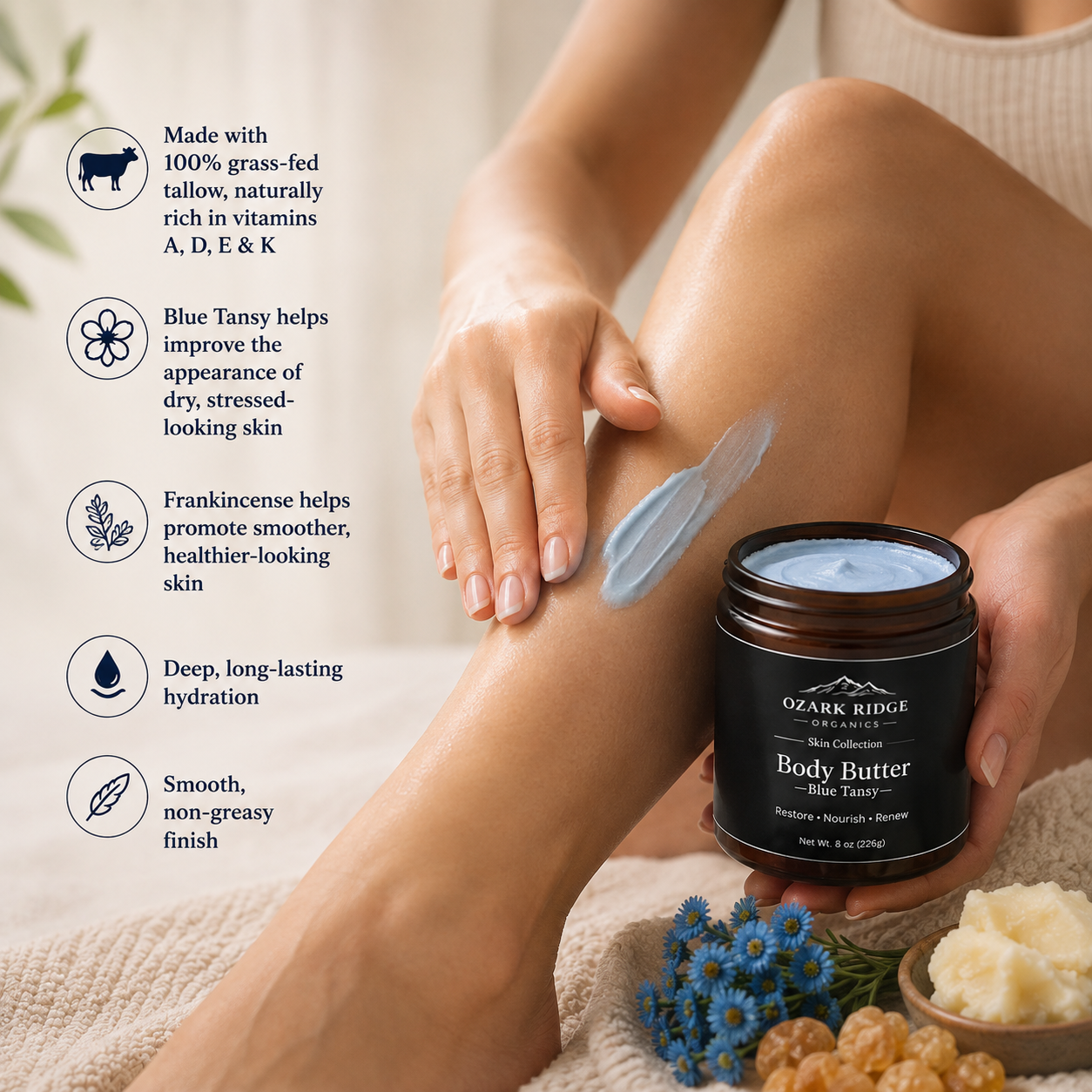 Ozark Ridge Organics Blue Tansy Tallow Body Butter applied to skin, made with grass-fed tallow, Blue Tansy, and Frankincense