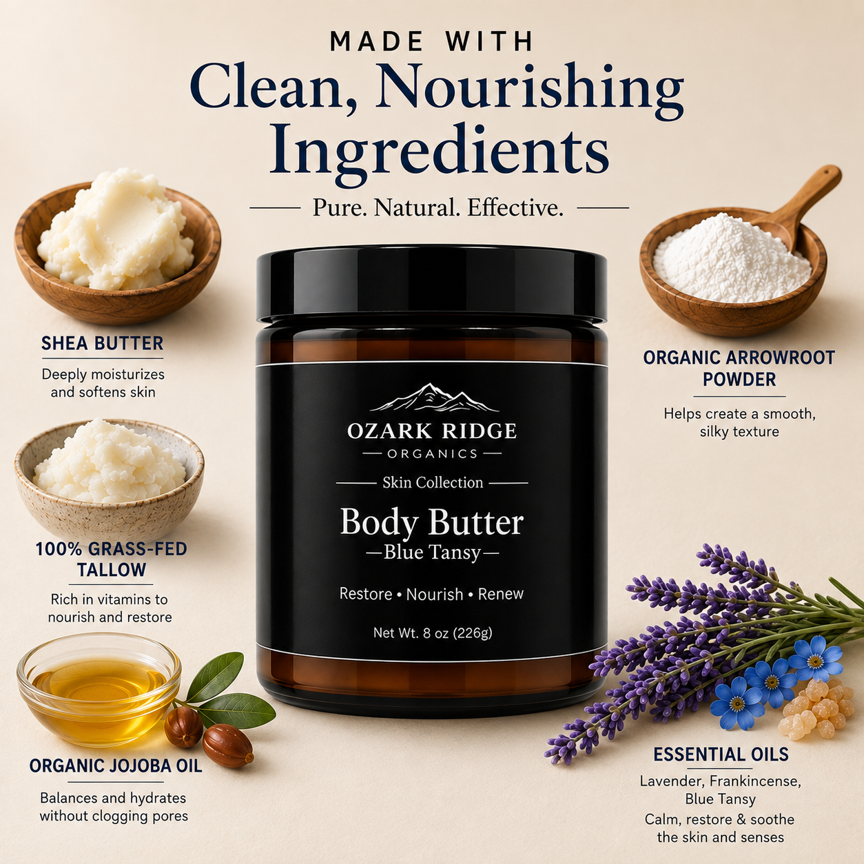 Ozark Ridge Organics Blue Tansy Tallow Body Butter with grass-fed tallow, shea butter, jojoba oil, arrowroot powder, and essential oils