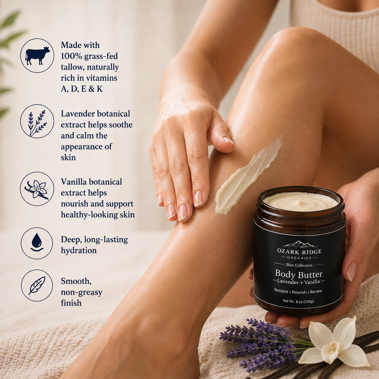 Ozark Ridge Organics Lavender + Vanilla Tallow Body Butter applied to skin, made with grass-fed tallow and botanical extracts