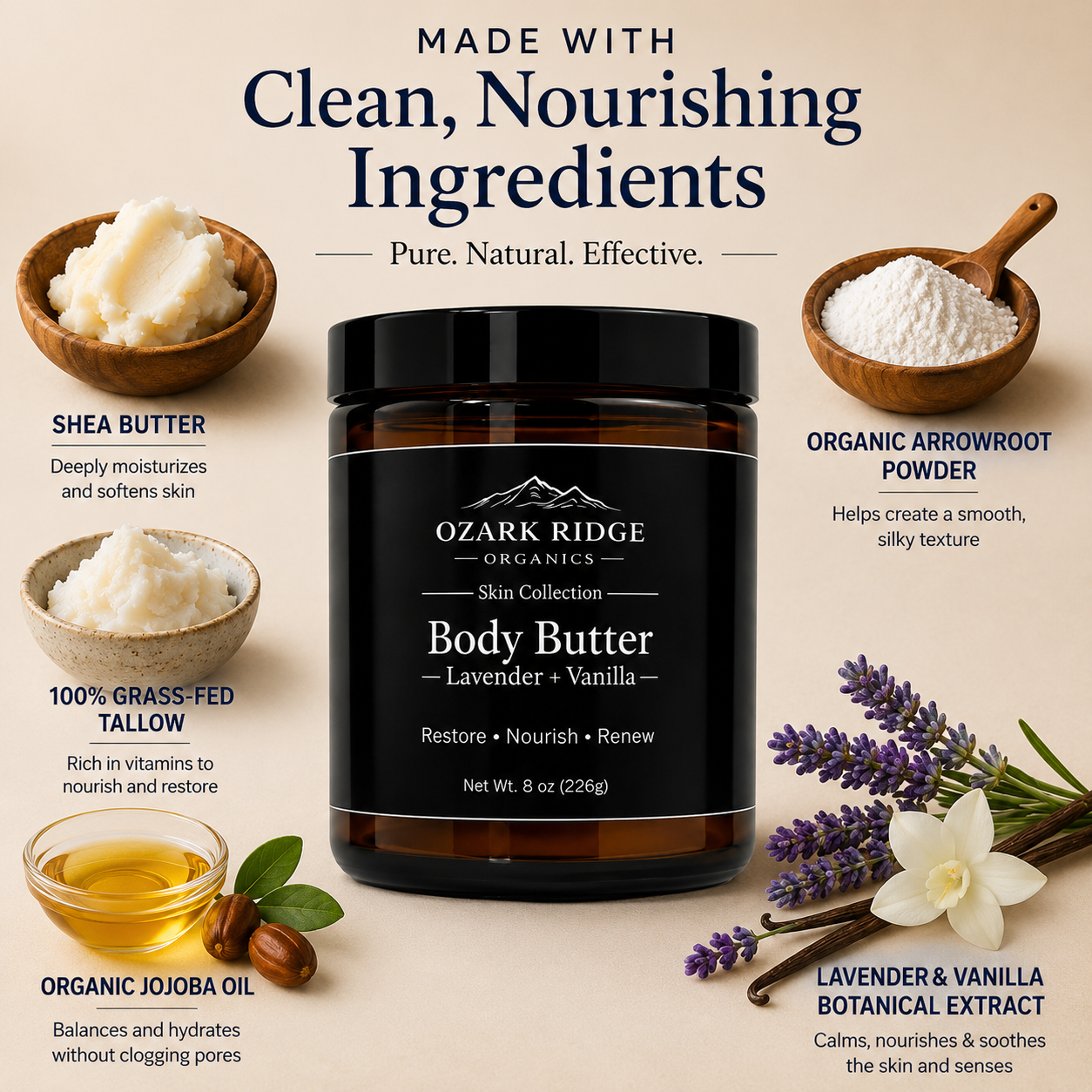 Ozark Ridge Organics Lavender + Vanilla Tallow Body Butter with grass-fed tallow, shea butter, jojoba oil, and arrowroot powder